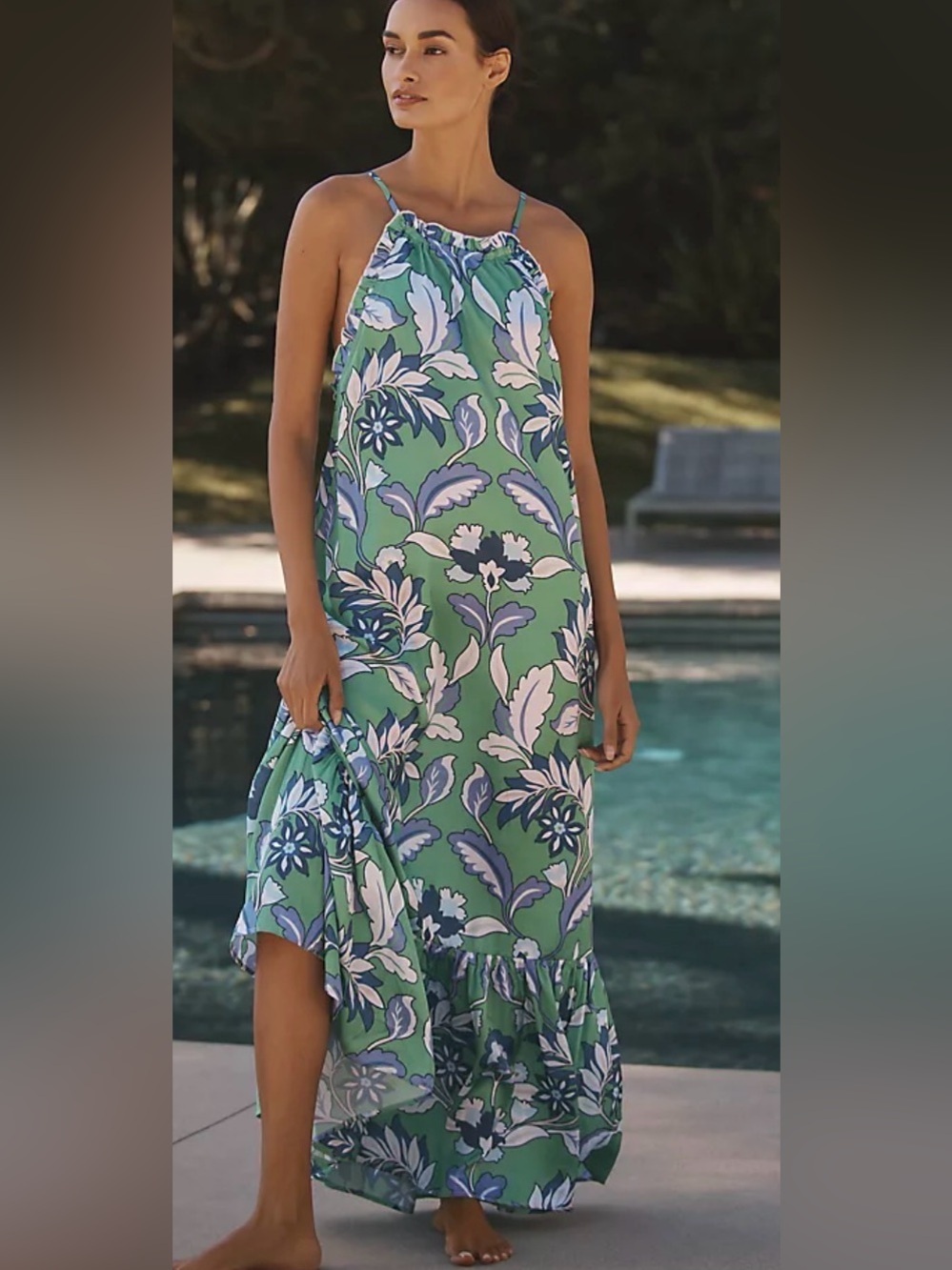 Anthropologie halter open back midi dress green blue floral size medium
